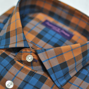 Plaid Spread Collar Sports Shirt in Ochre & Blue