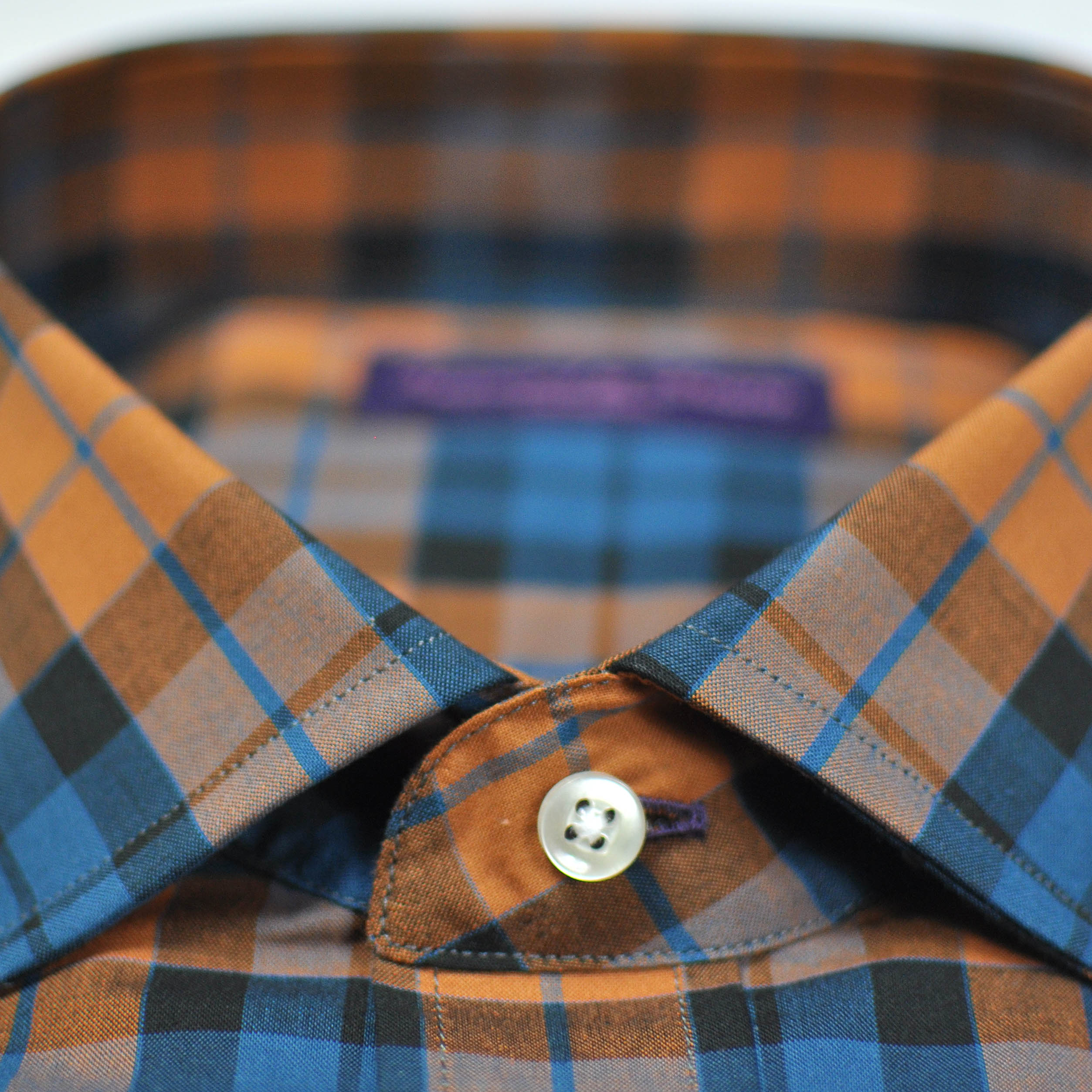 Plaid Spread Collar Sports Shirt in Ochre & Blue