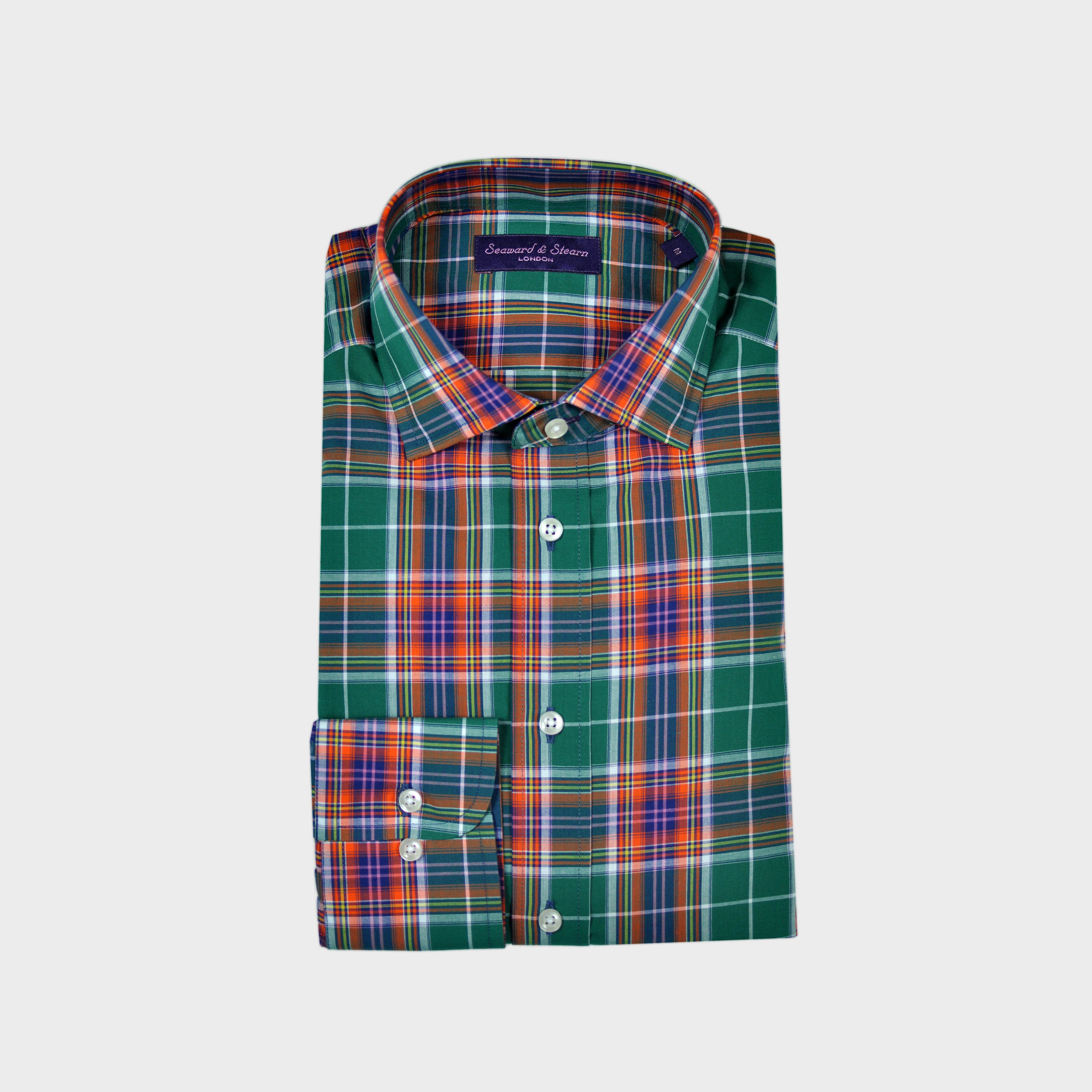 Plaid Spread Collar Sports Shirt in Green & Orange