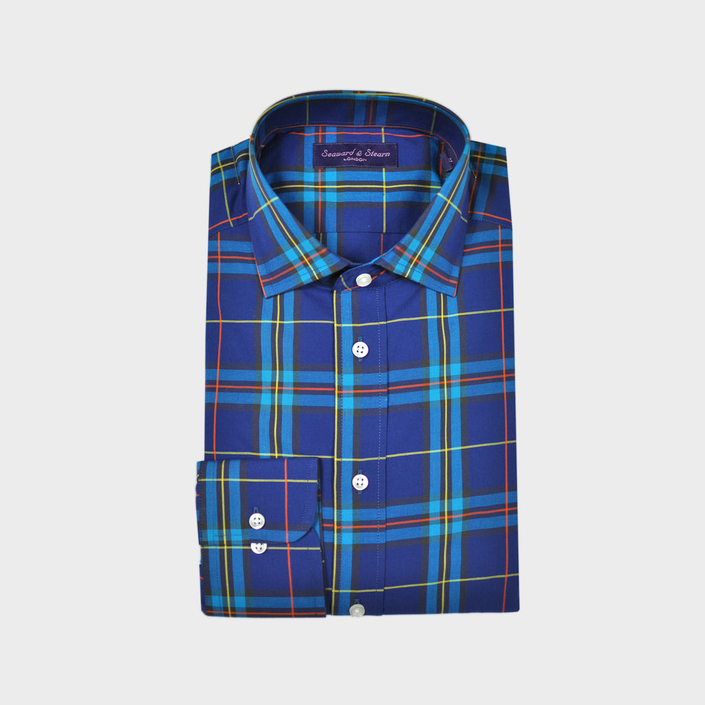 Plaid Spread Collar Sports Shirt in Blue & Teal