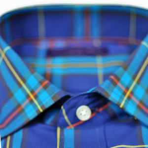 Plaid Spread Collar Sports Shirt in Blue & Teal