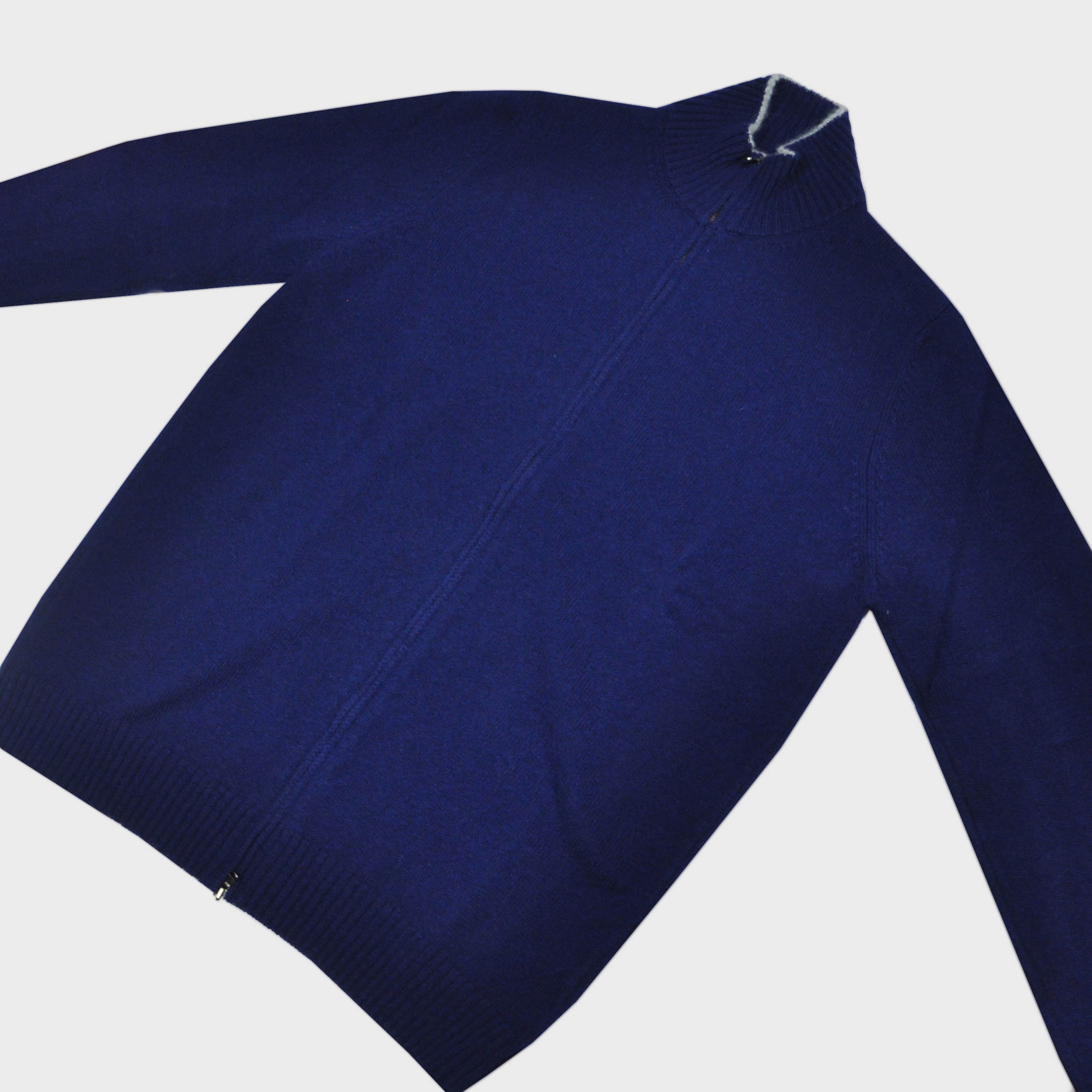 Merino Zip Cardigan in Blue with Grey Trim