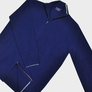 Merino Zip Cardigan in Blue with Grey Trim