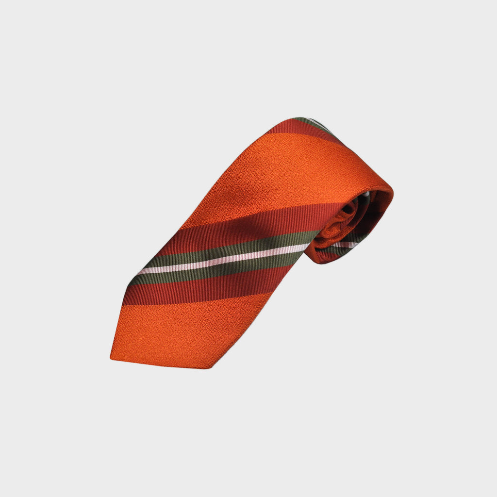 Orange Tussah with Orange, Red, Green & White Reppe Stripes Silk Tie