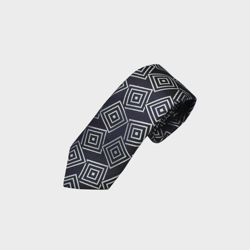 Woven Geometrics on Natte Silk Tie in Charcoal Blue