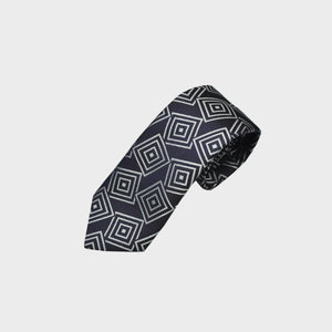 Woven Geometrics on Natte Silk Tie in Charcoal Blue