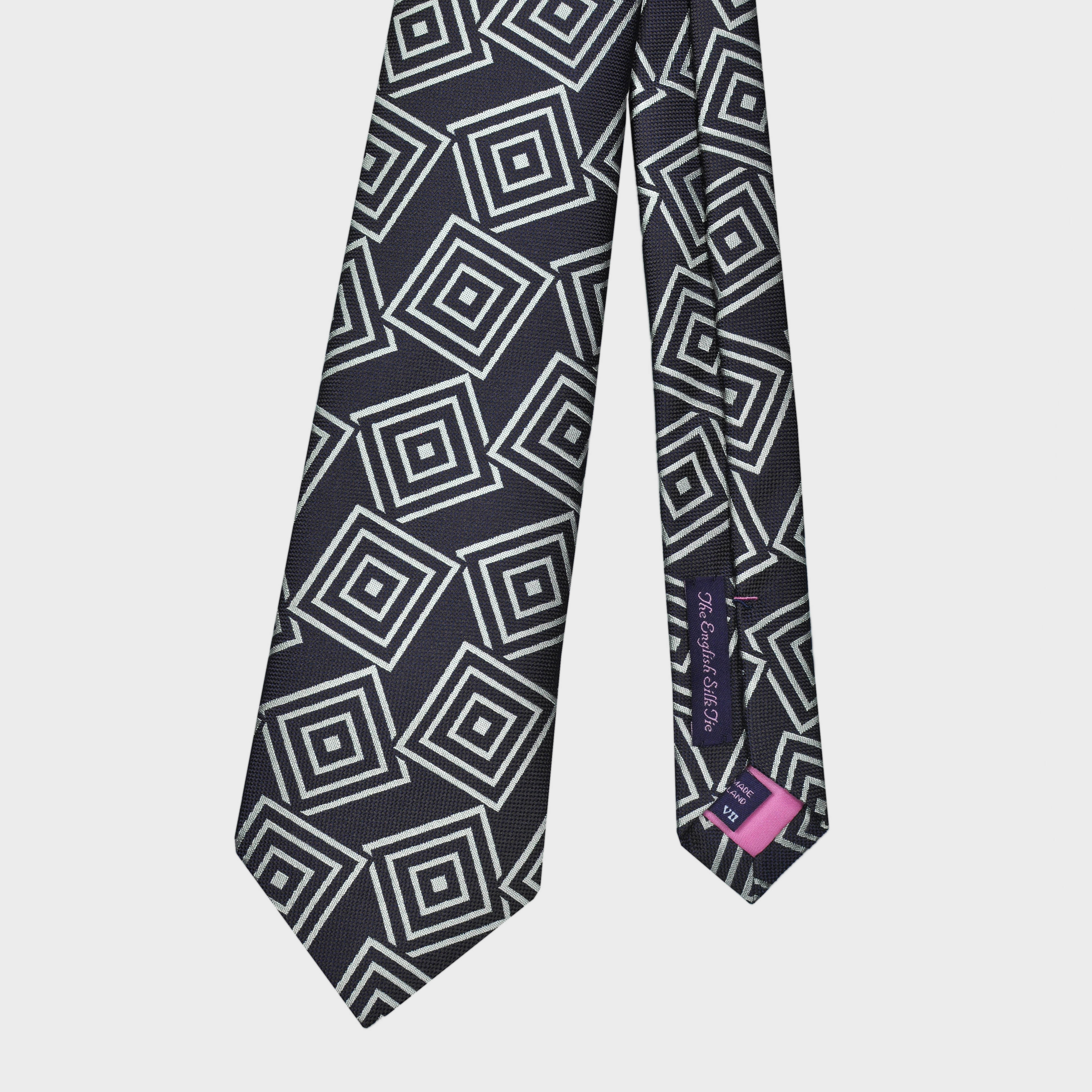 Woven Geometrics on Natte Silk Tie in Charcoal Blue