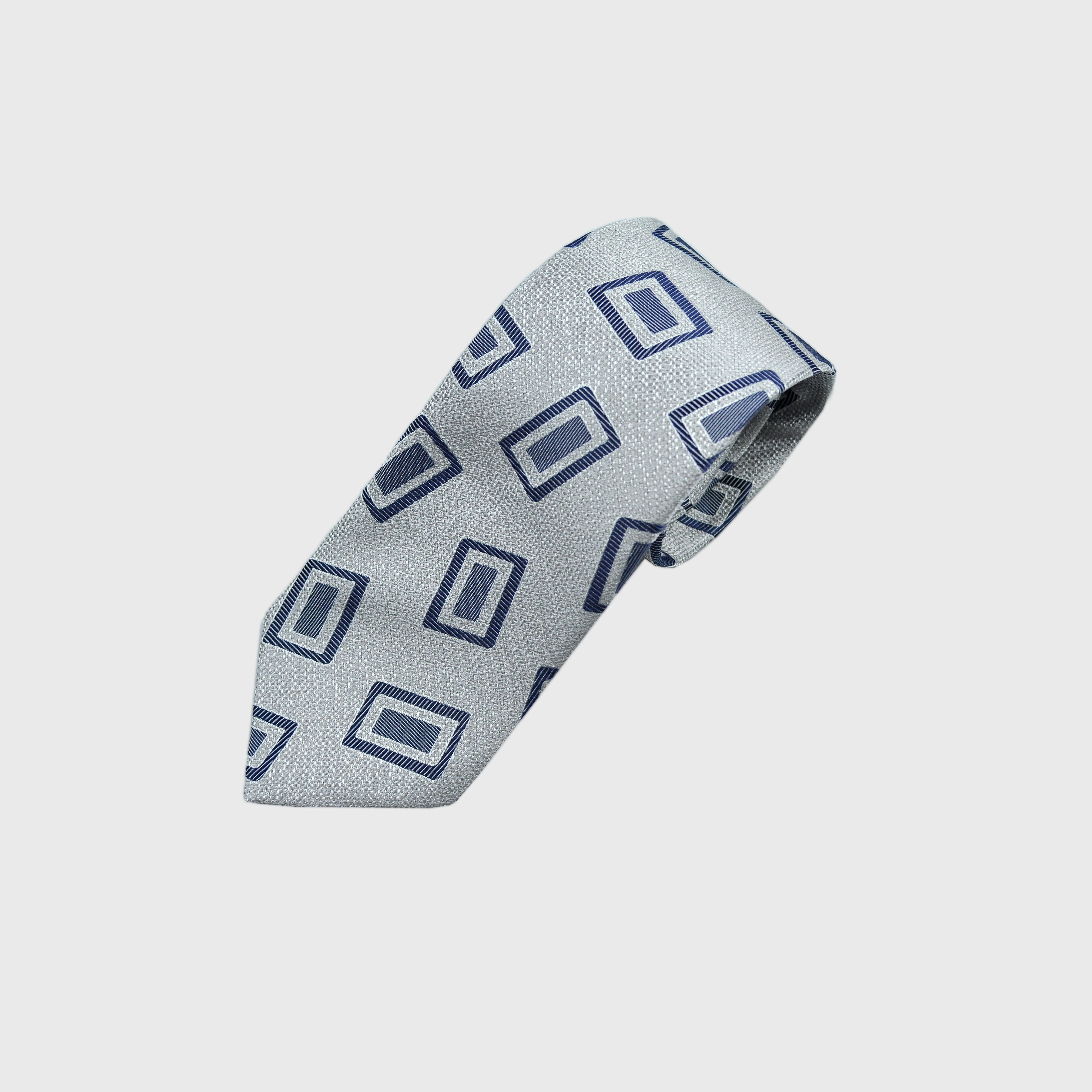 Woven Geometrics on Tussah Weave Silk Tie in Silver & Blue