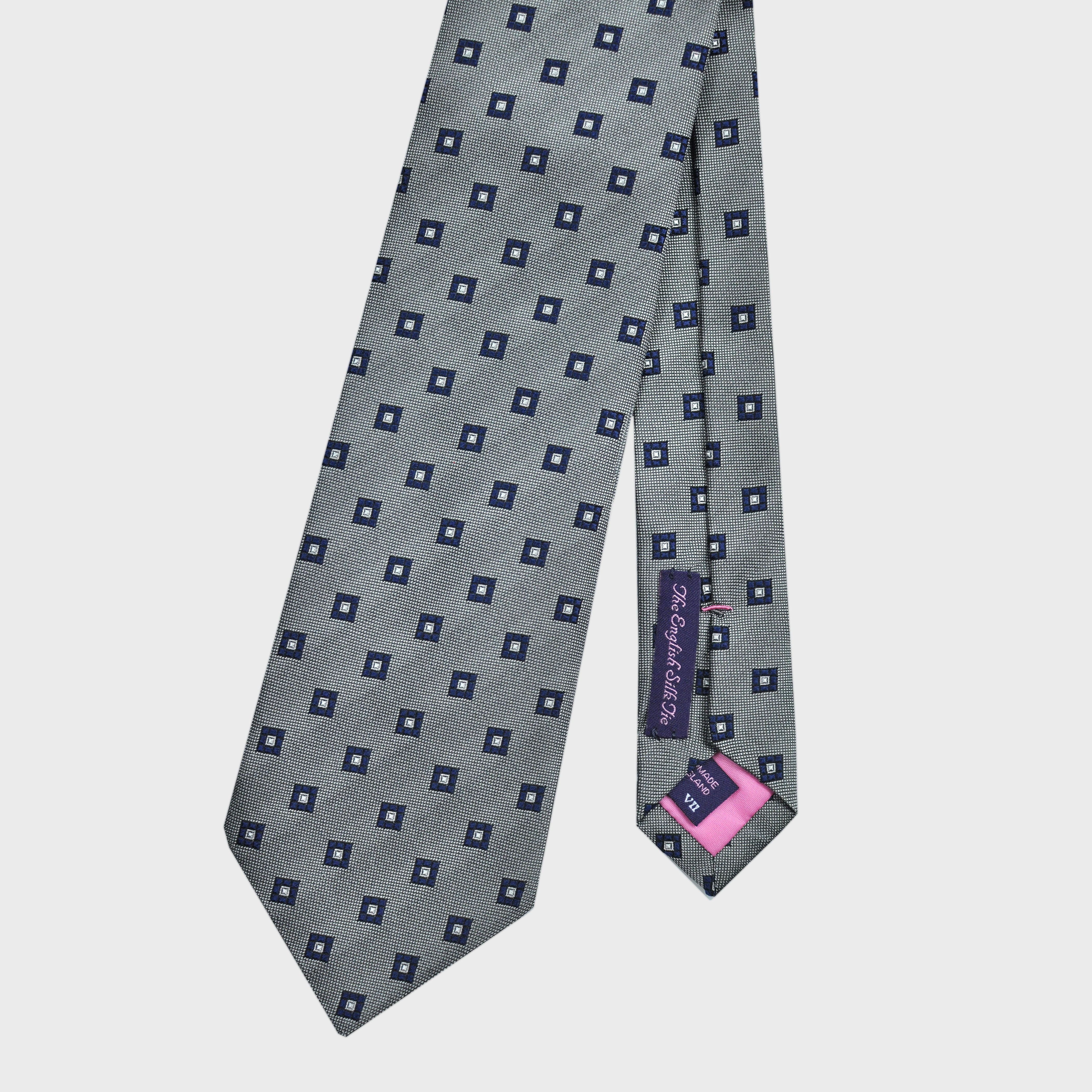 Neat Repeat Squares Woven Silk Tie in Silver & Blue