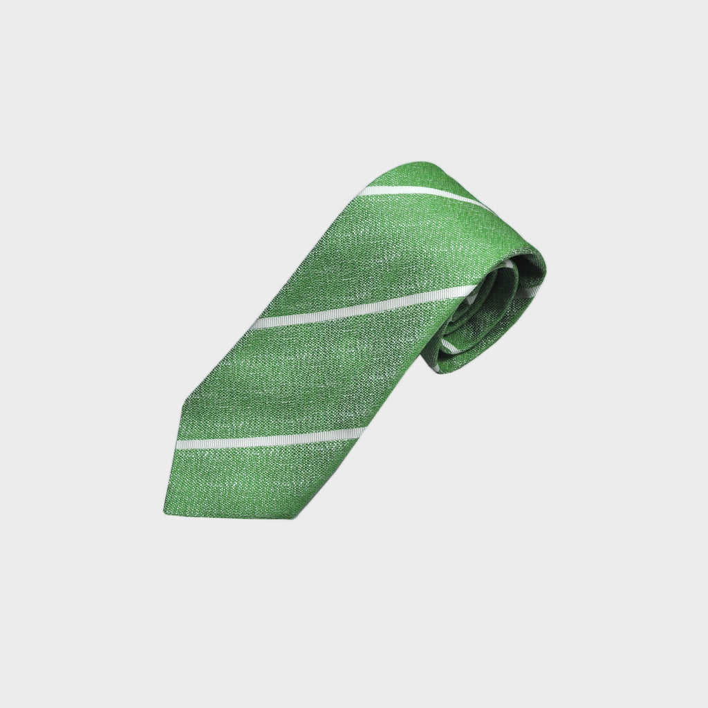 Narrow Stripe Tussah Silk Tie in Green & White