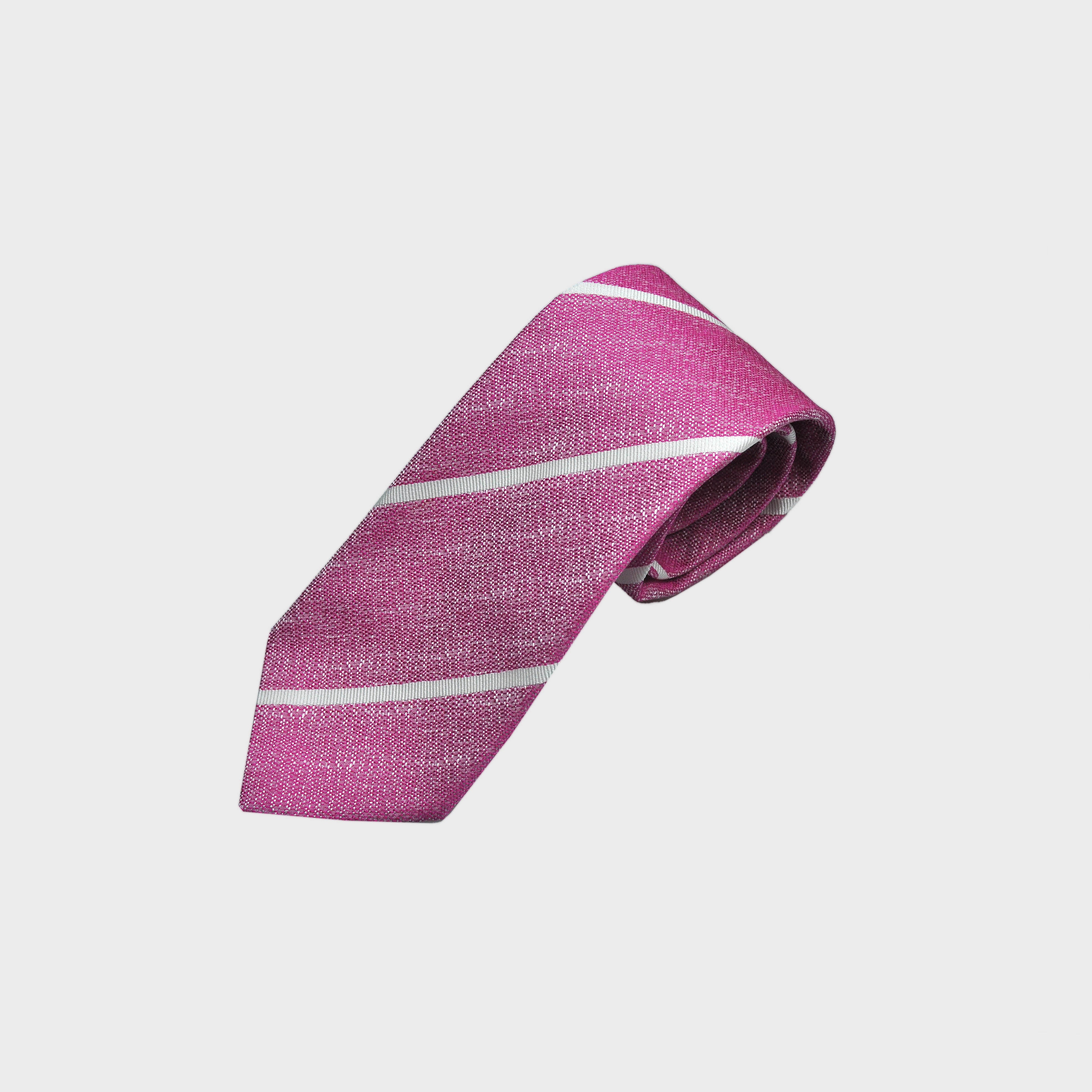 Narrow Stripe Tussah Silk Tie in Pink & White