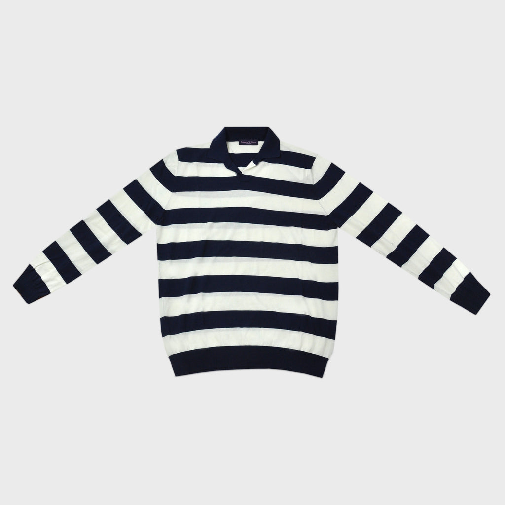 Fine Cotton Long Sleeve Knitted Striped Polo in Dark Blue & White