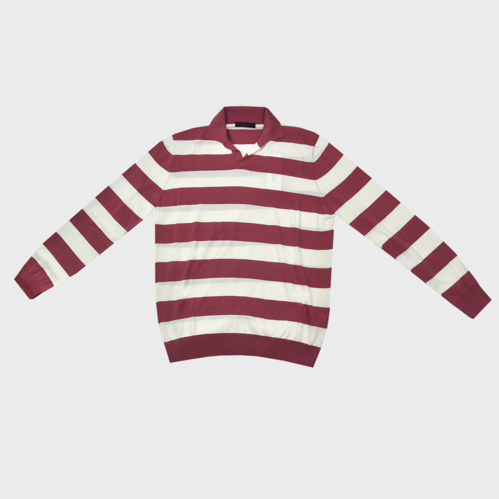 Fine Cotton Long Sleeve Knitted Striped Polo in Brick Red