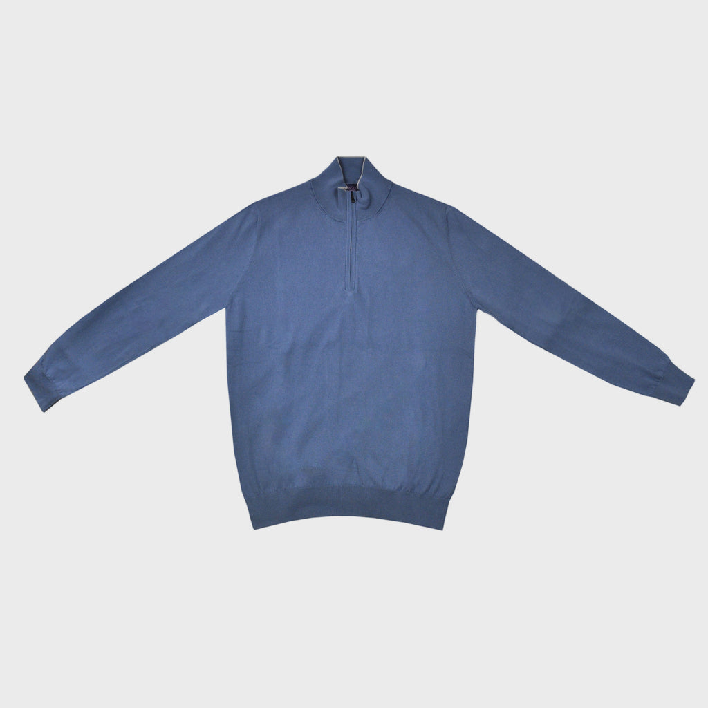 Fine Cotton Quarter Zip Collar in Pastel Blue with White Trim