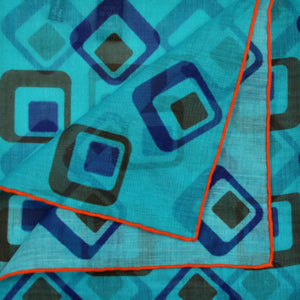 Retro Shapes Cotton & Cashmere Pocket Square in Teal & Blue