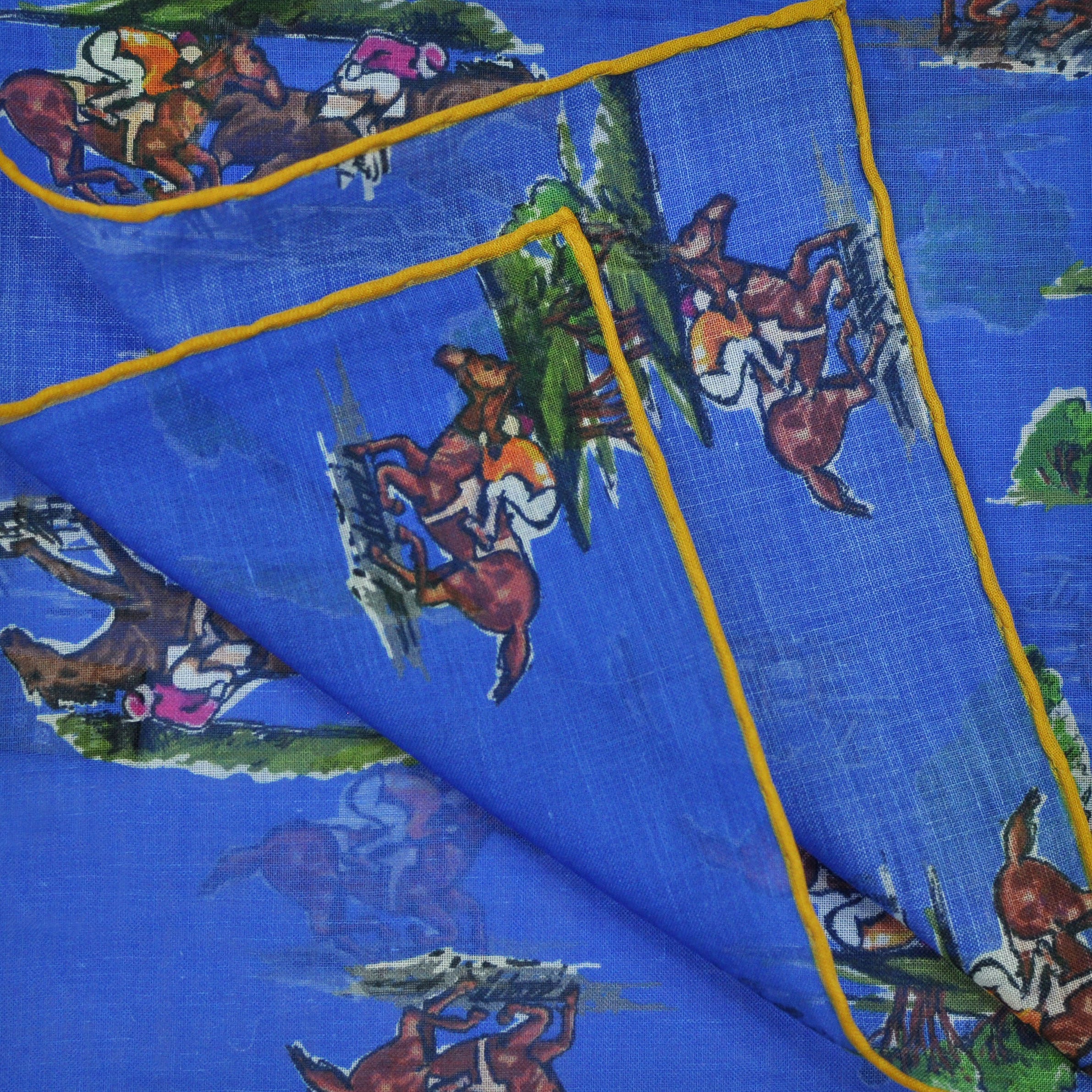 Horse Racing Cotton & Cashmere Pocket Square in Blue