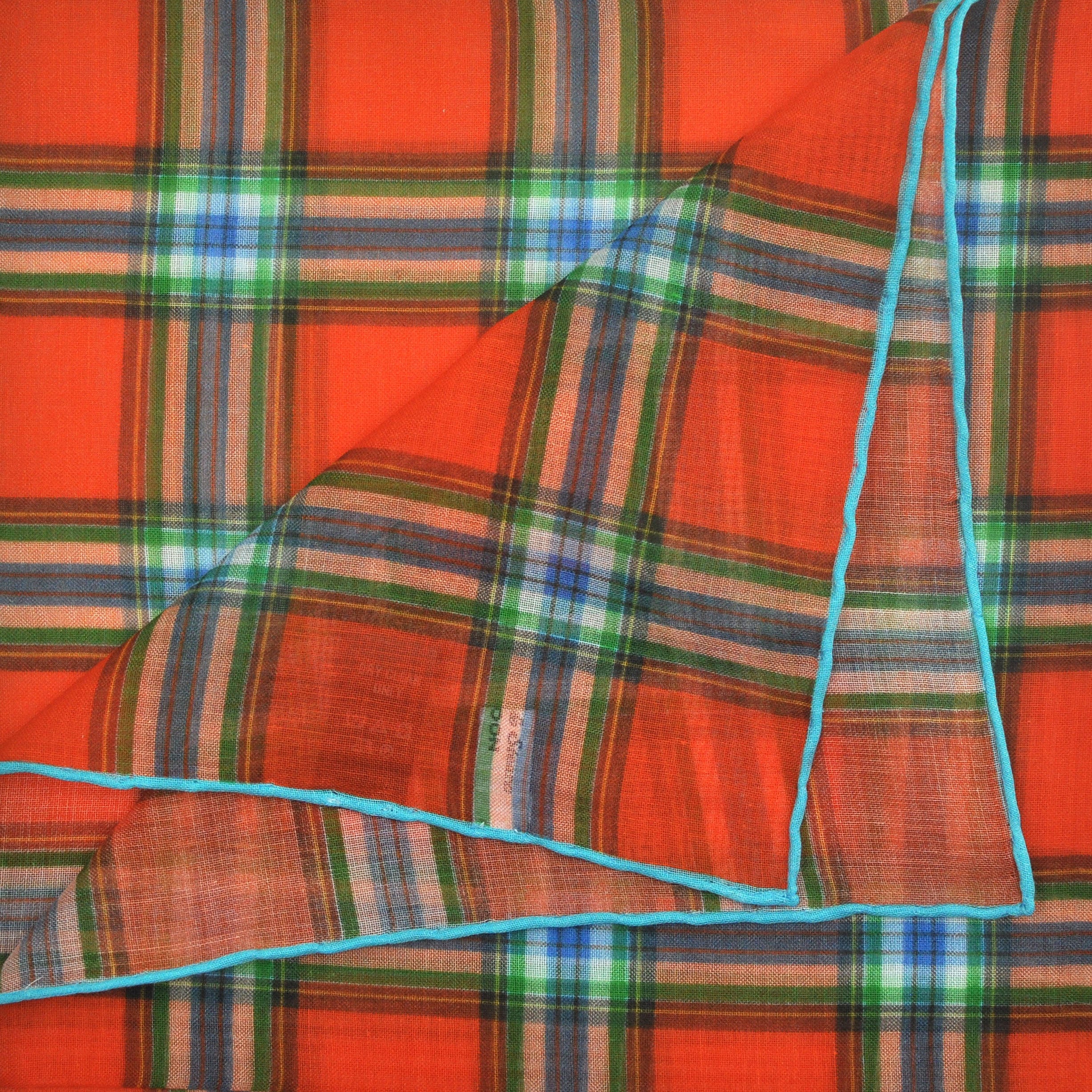 Plaid Cotton & Cashmere Pocket Square in Orange & Green