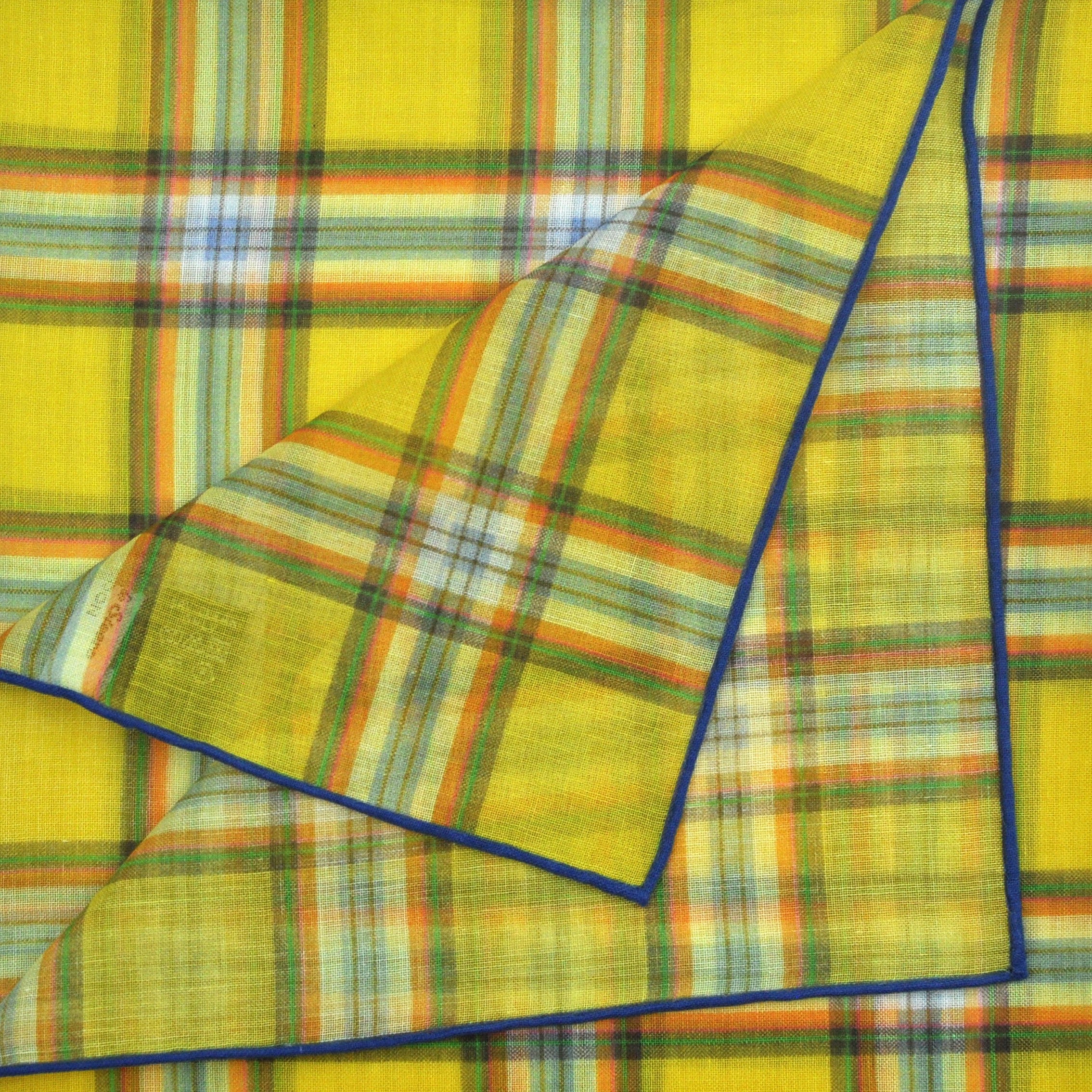 Plaid Cotton & Cashmere Pocket Square in Yellow & Blue