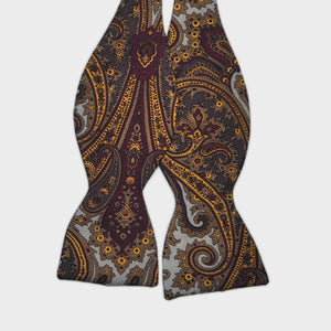 English Printed Silk Paisley Bow Tie in Claret, Ochre & Blue Grey