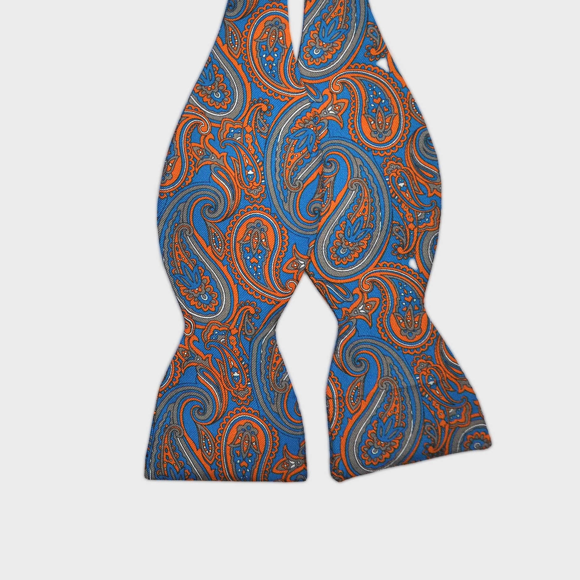 English Printed Silk Paisley Bow Tie in Blue & Orange