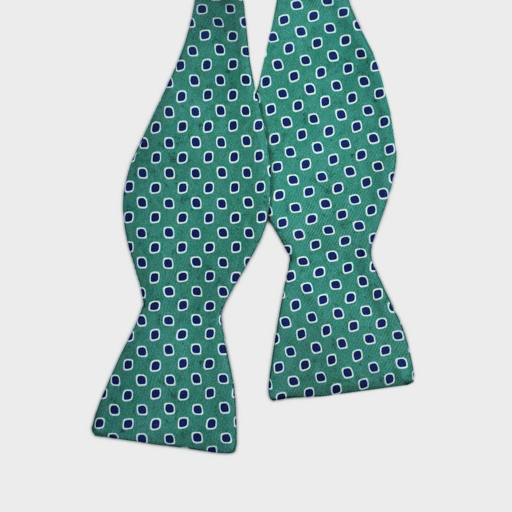 English Printed Silk Dot Repeat Bow Tie in Dark Lime & Navy