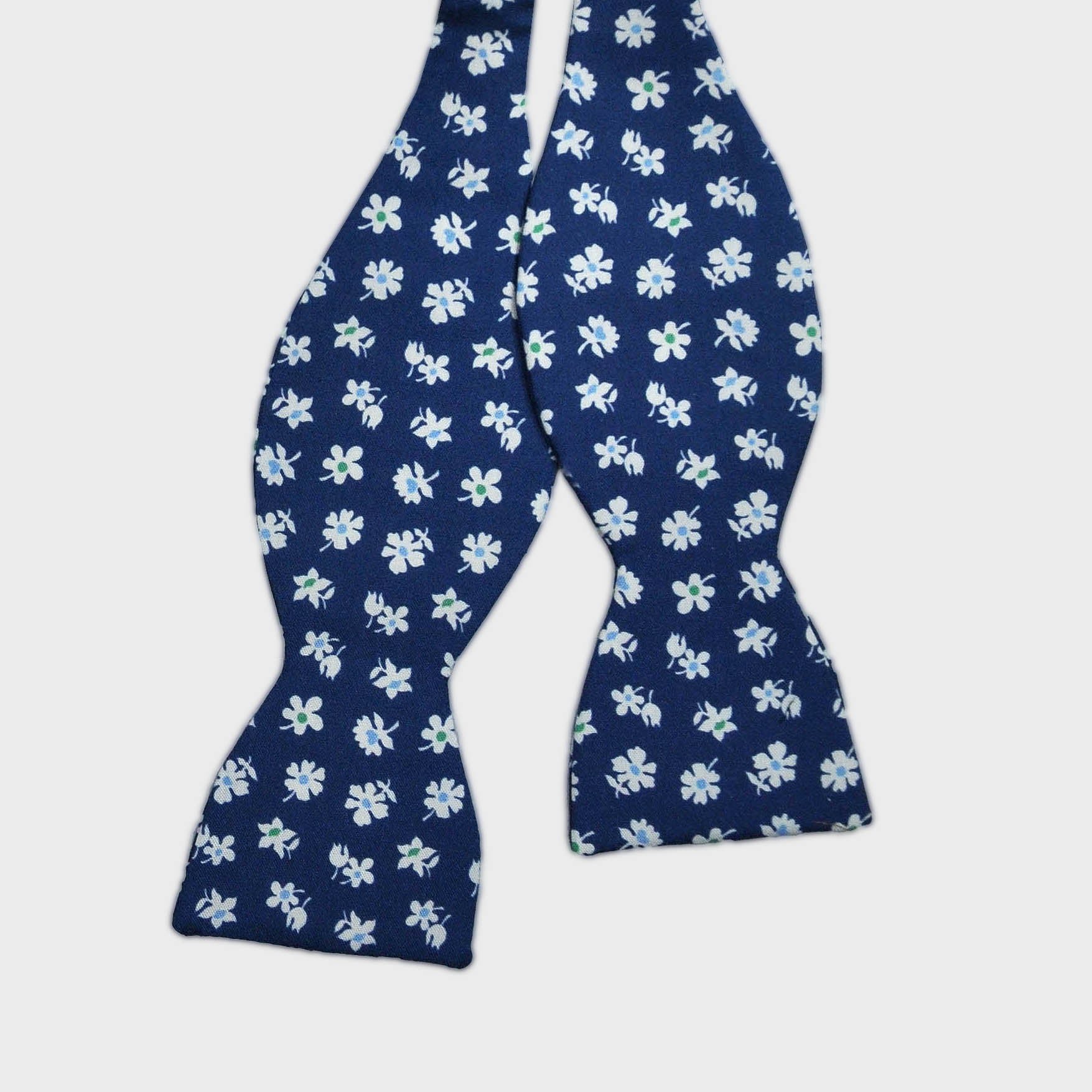 English Printed Silk Flowers Bow Tie in Blue & White