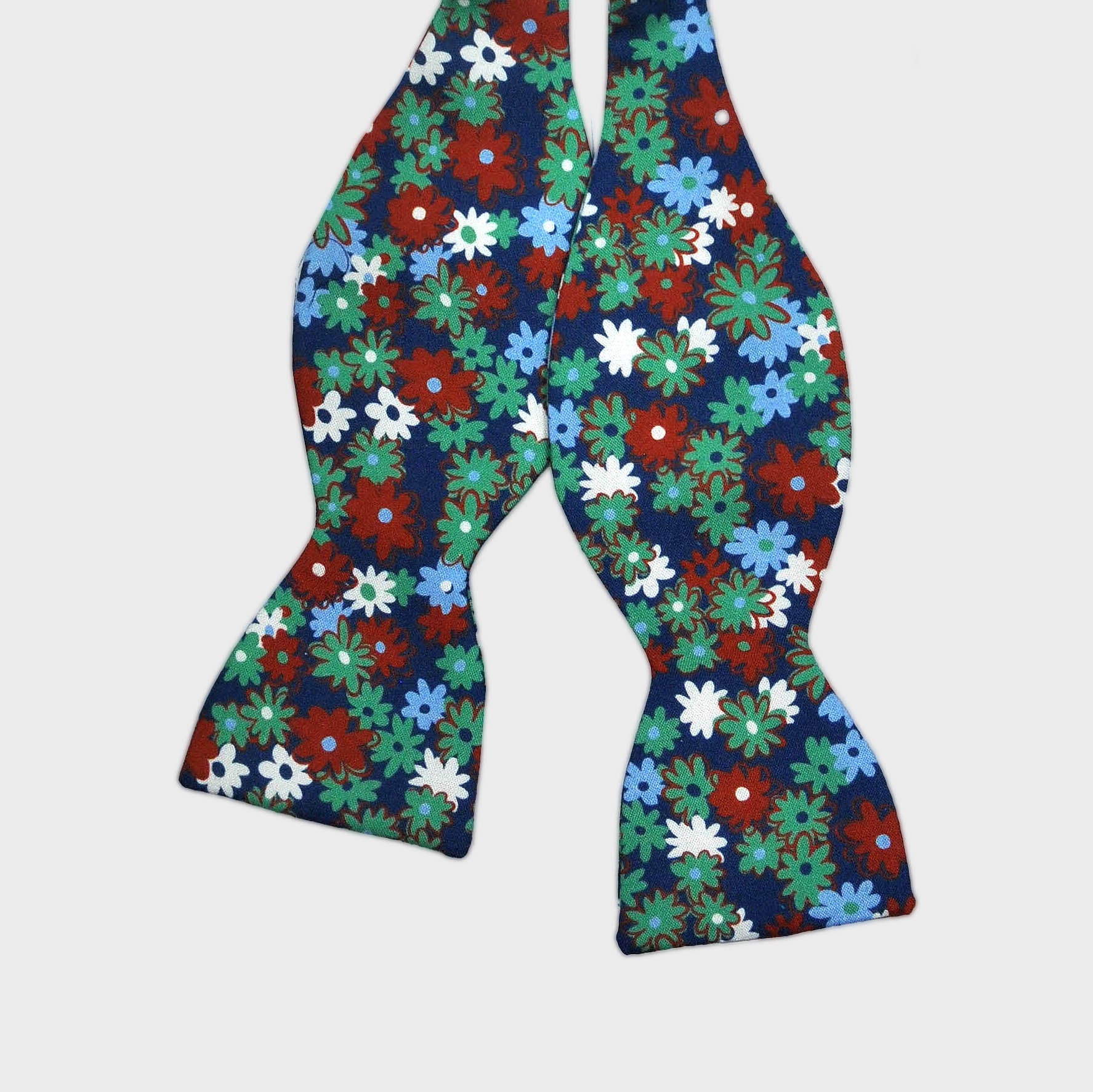 English Printed Silk Flowers  Bow Tie in Green, Blue, Teal & Red