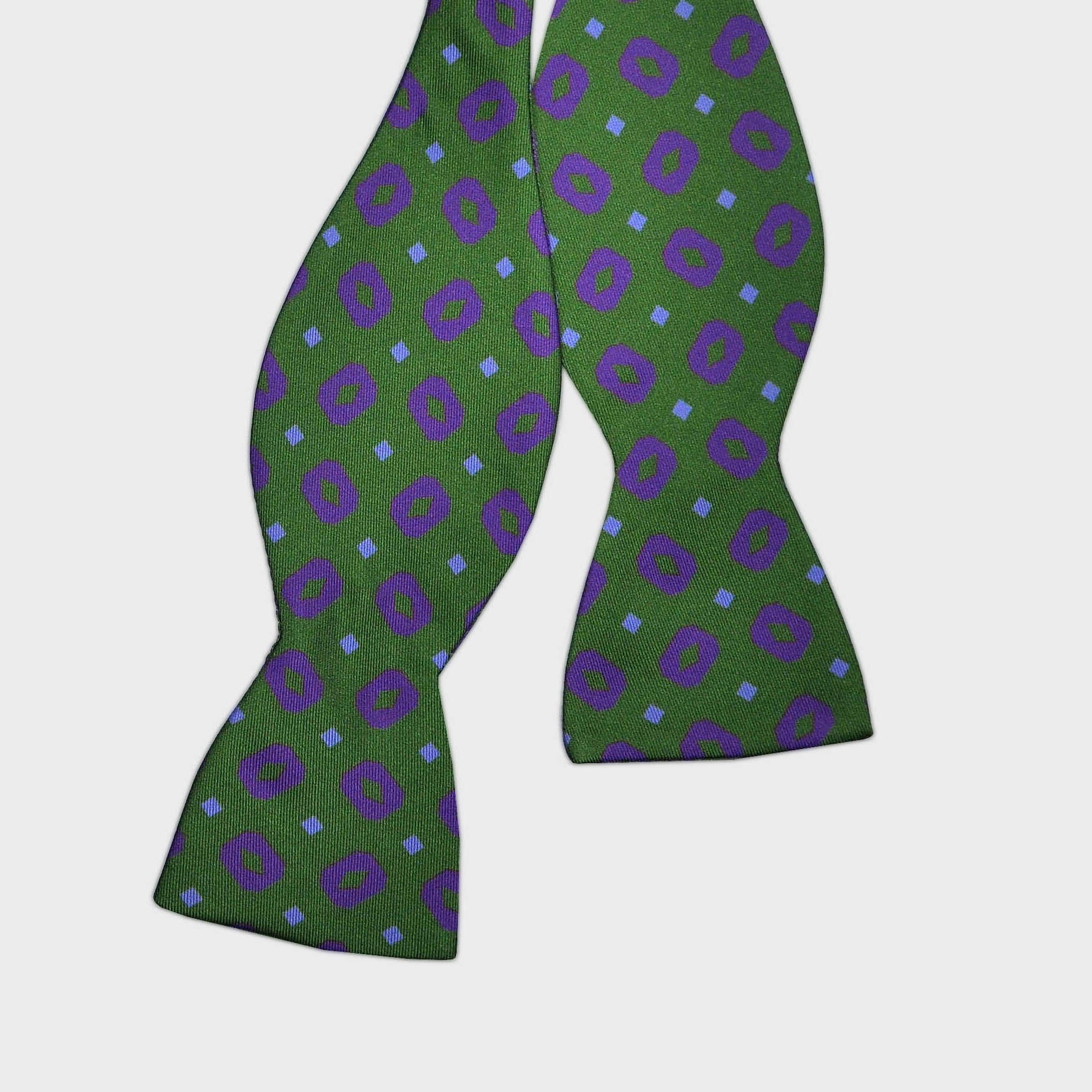 English Printed Silk Geometrics Bow Tie in Green, Purple & Blue