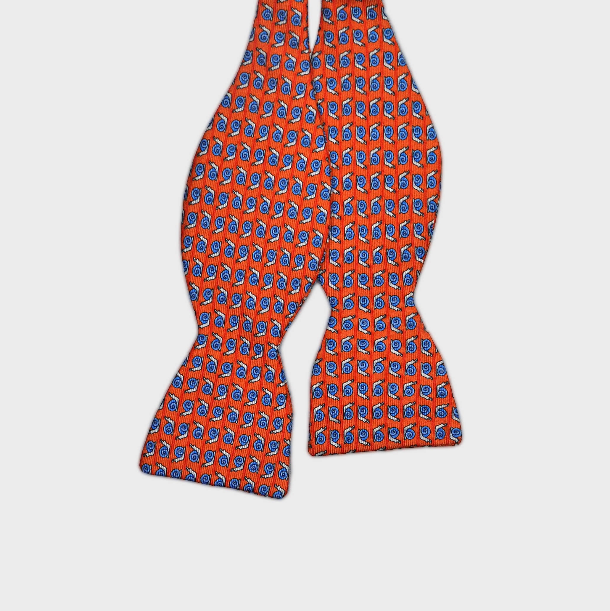 English Printed Silk Little Snail Repeat Bow Tie in Orange & Blue