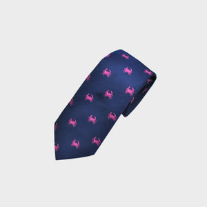 English Woven Silk Pink Crab Tie in Navy Blue