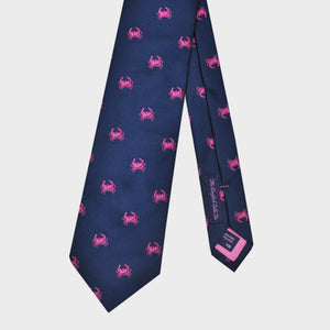 English Woven Silk Pink Crab Tie in Navy Blue