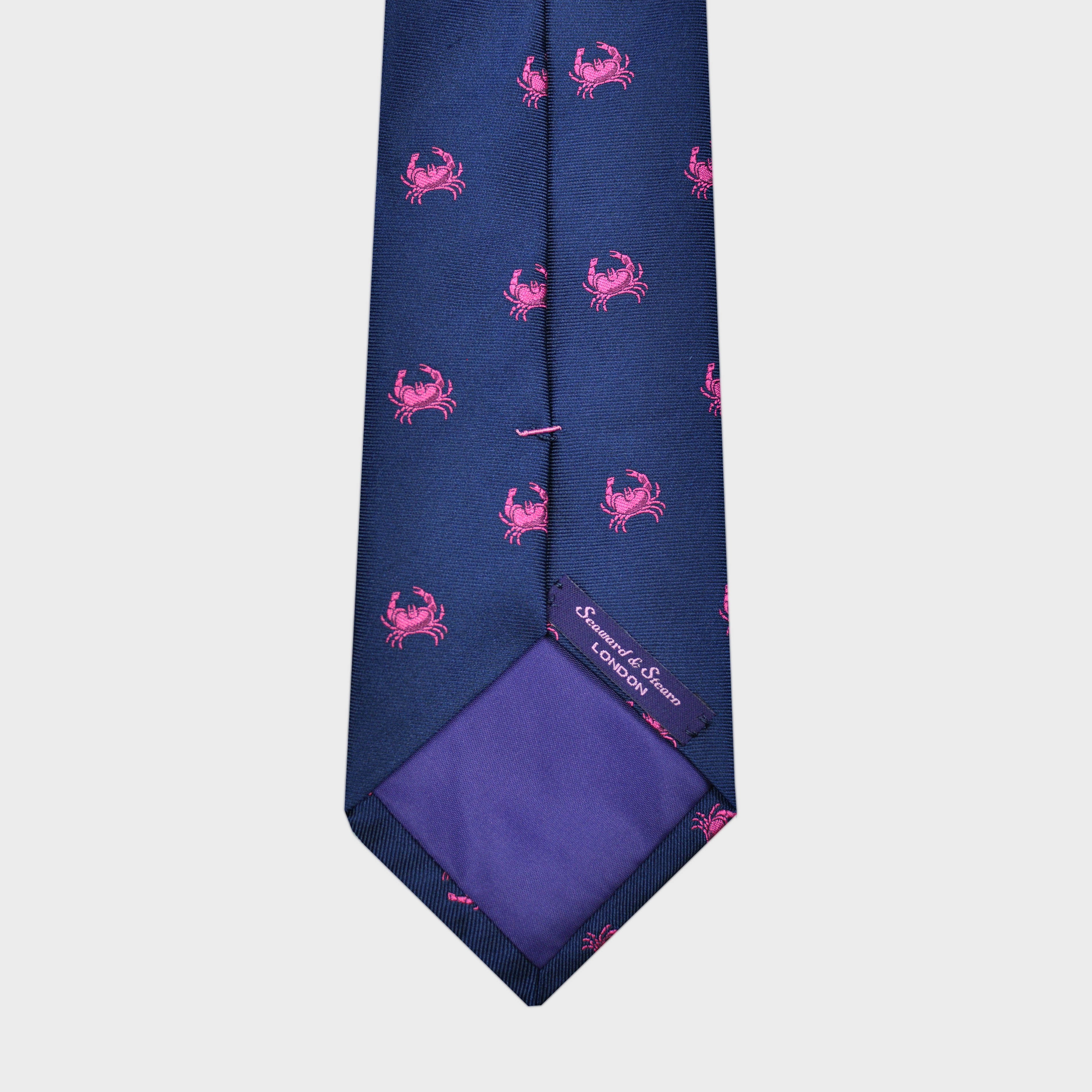 English Woven Silk Pink Crab Tie in Navy Blue