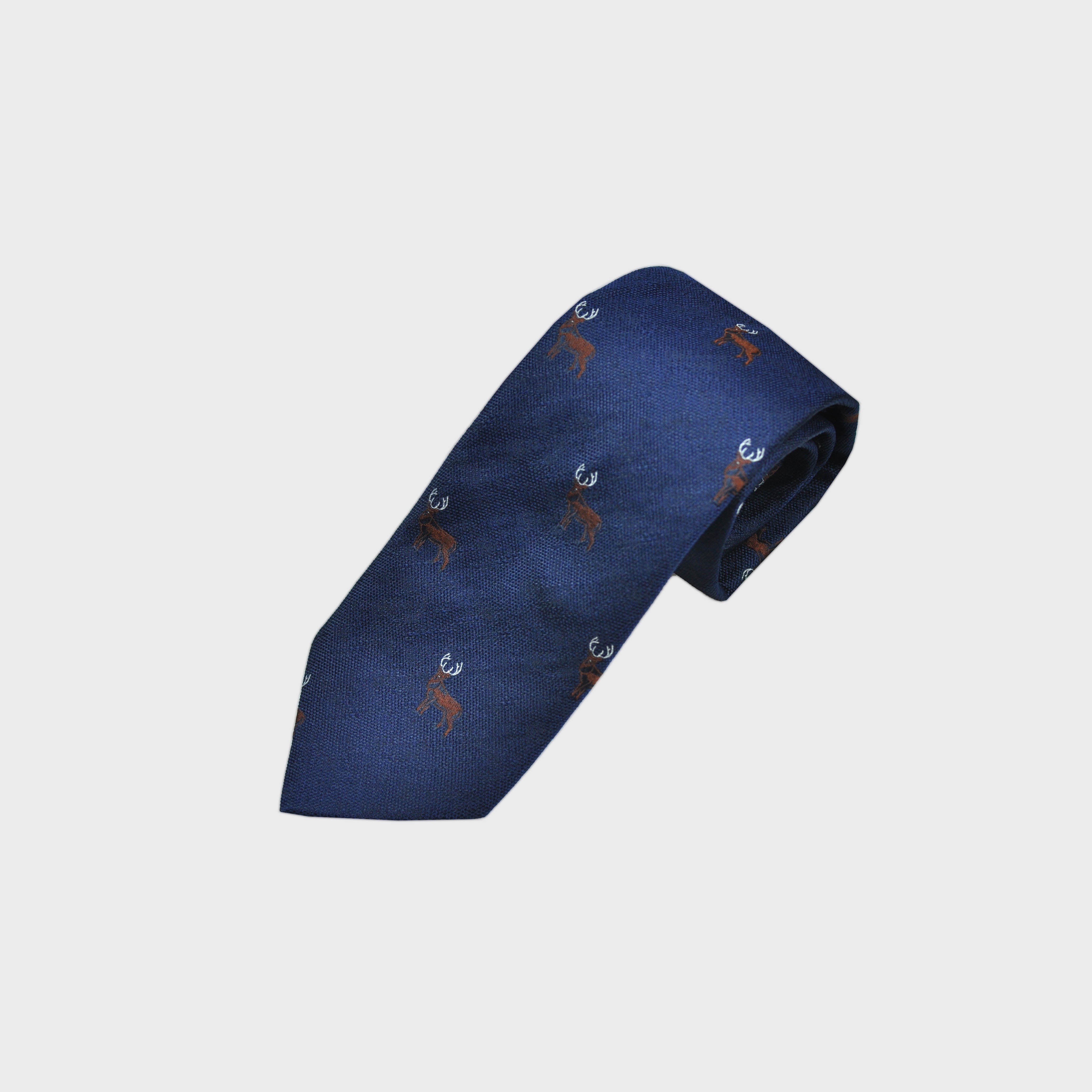 English Woven Silk Stag Tie in Navy Blue