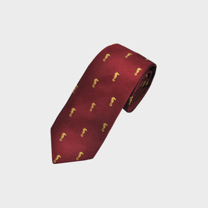 English Woven Silk Golden Seahorse Tie in Claret