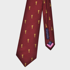 English Woven Silk Golden Seahorse Tie in Claret