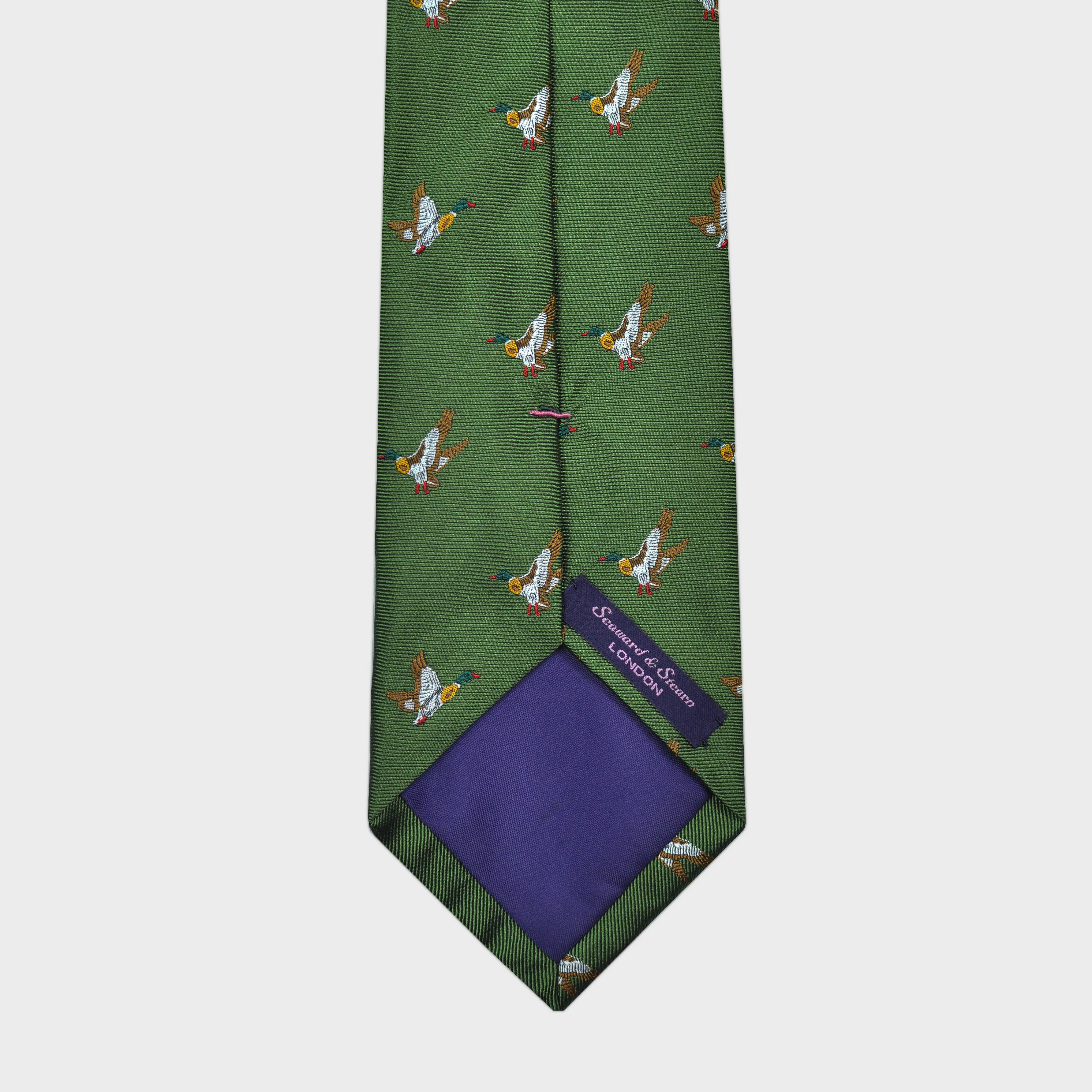 English Woven Silk Flying Ducks Tie in Green