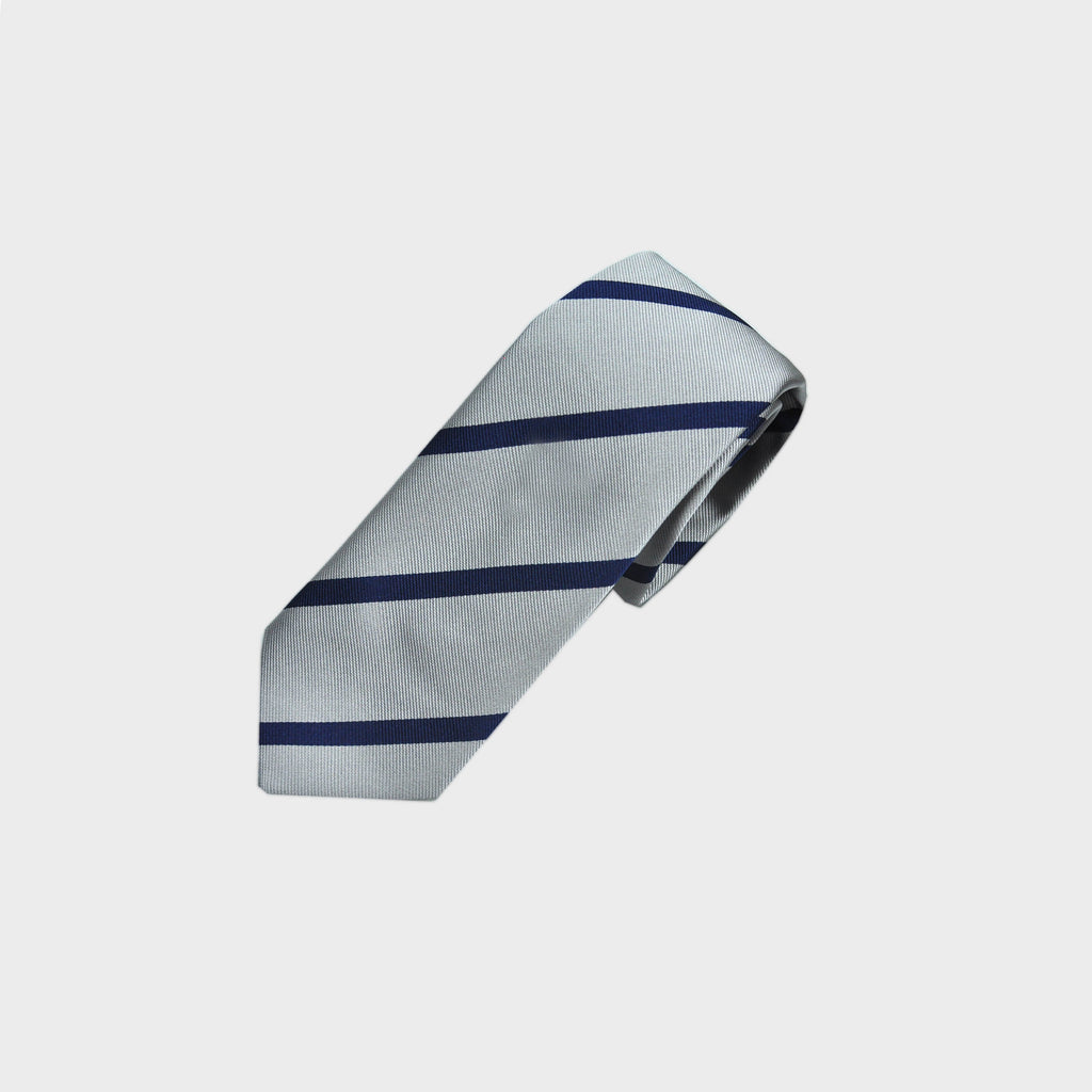 Narrow Stripes Reppe Silk Tie in White & Navy