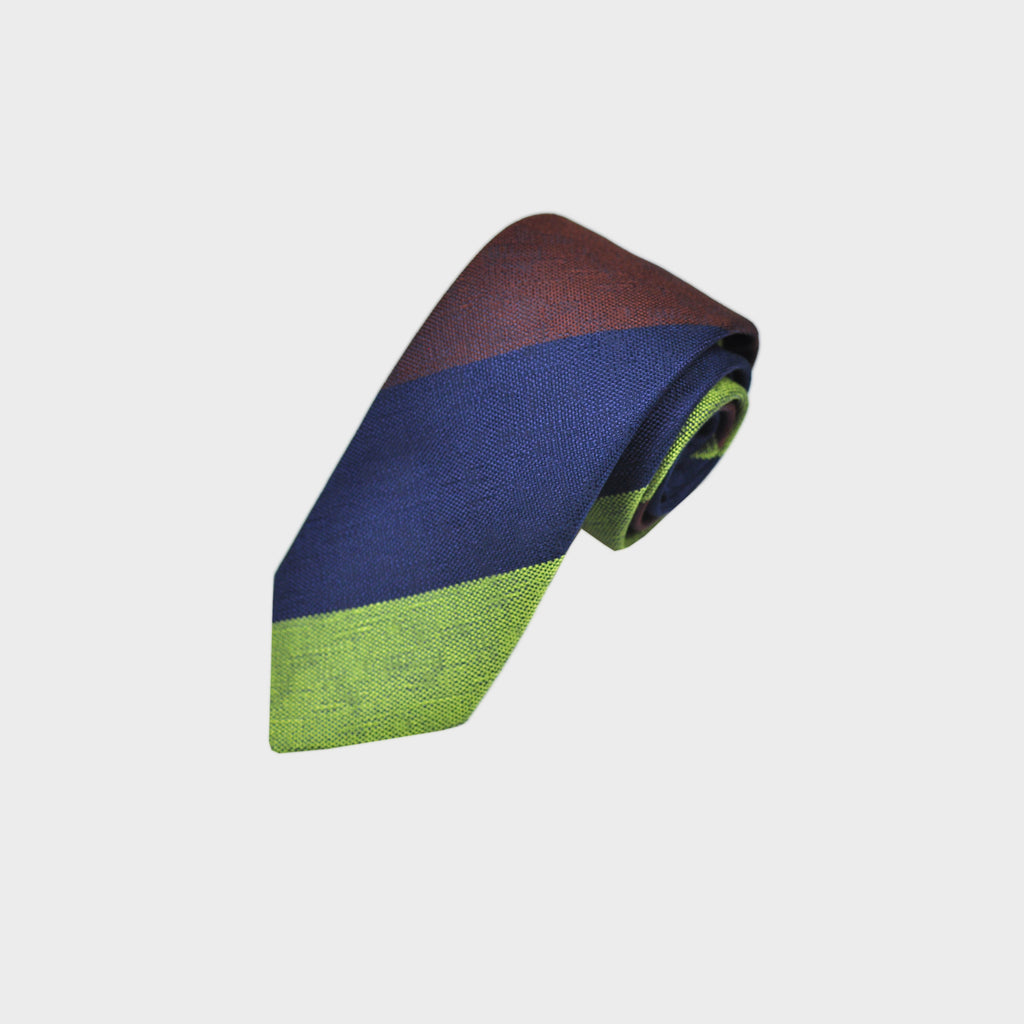 Big Bold Stripes Tussah Silk Tie in Blue, Brown & Lime