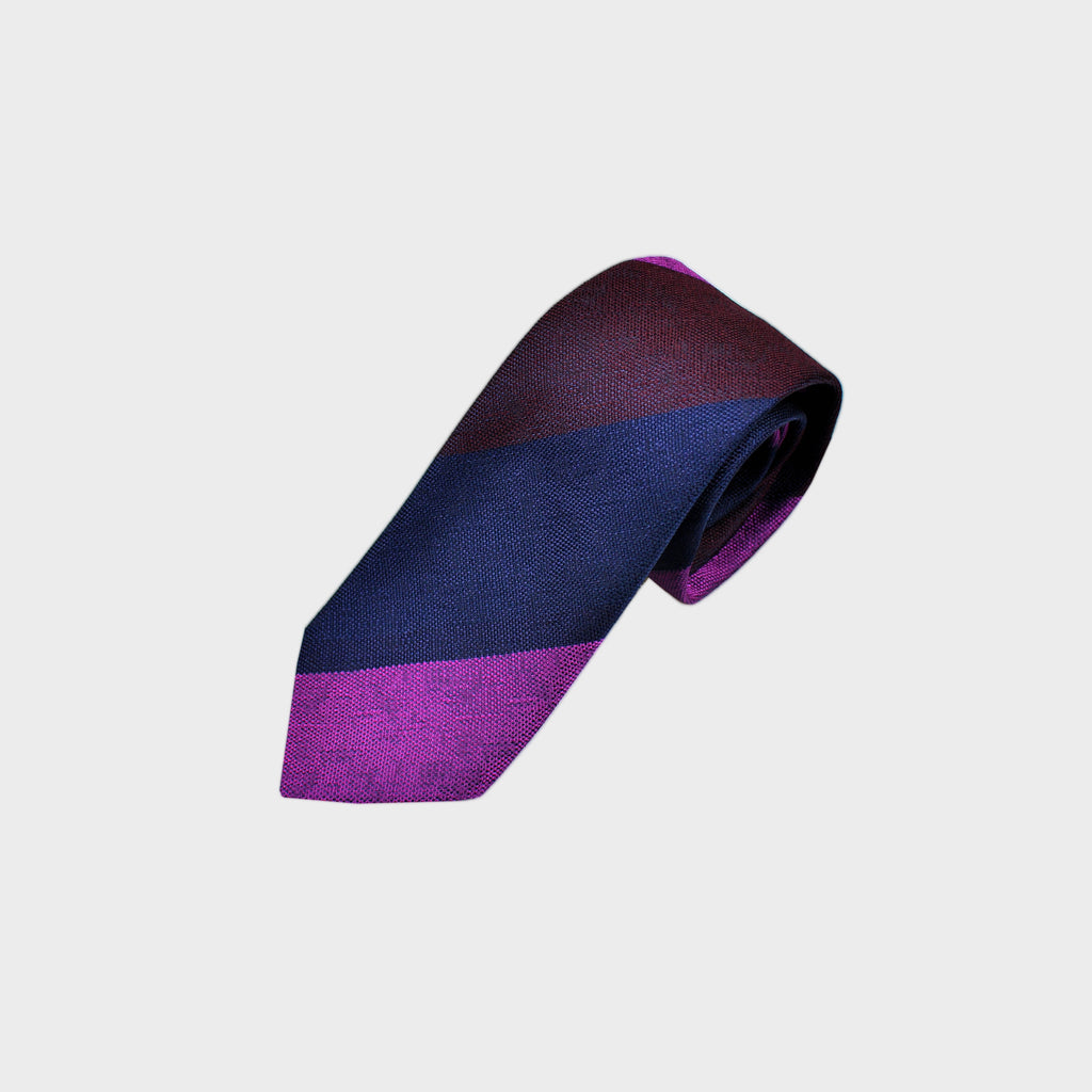 Big Bold Stripes Tussah Silk Tie in Navy, Claret & Pink