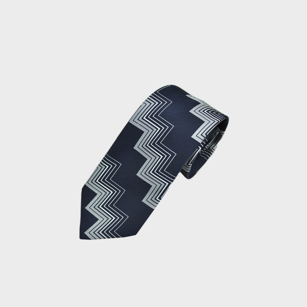 Zig Zag Woven Silk Tie in Navy & Silver