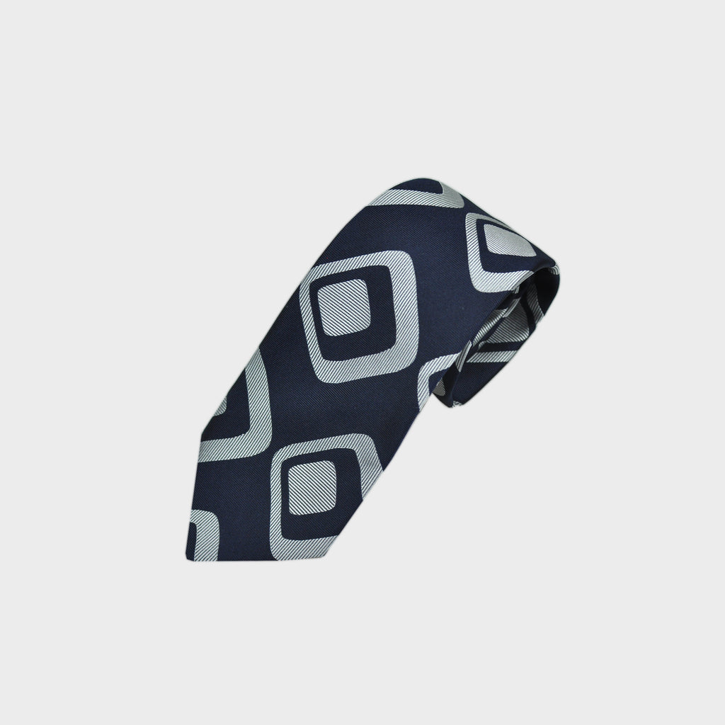 Geometric Woven Silk Tie in Navy & Silver