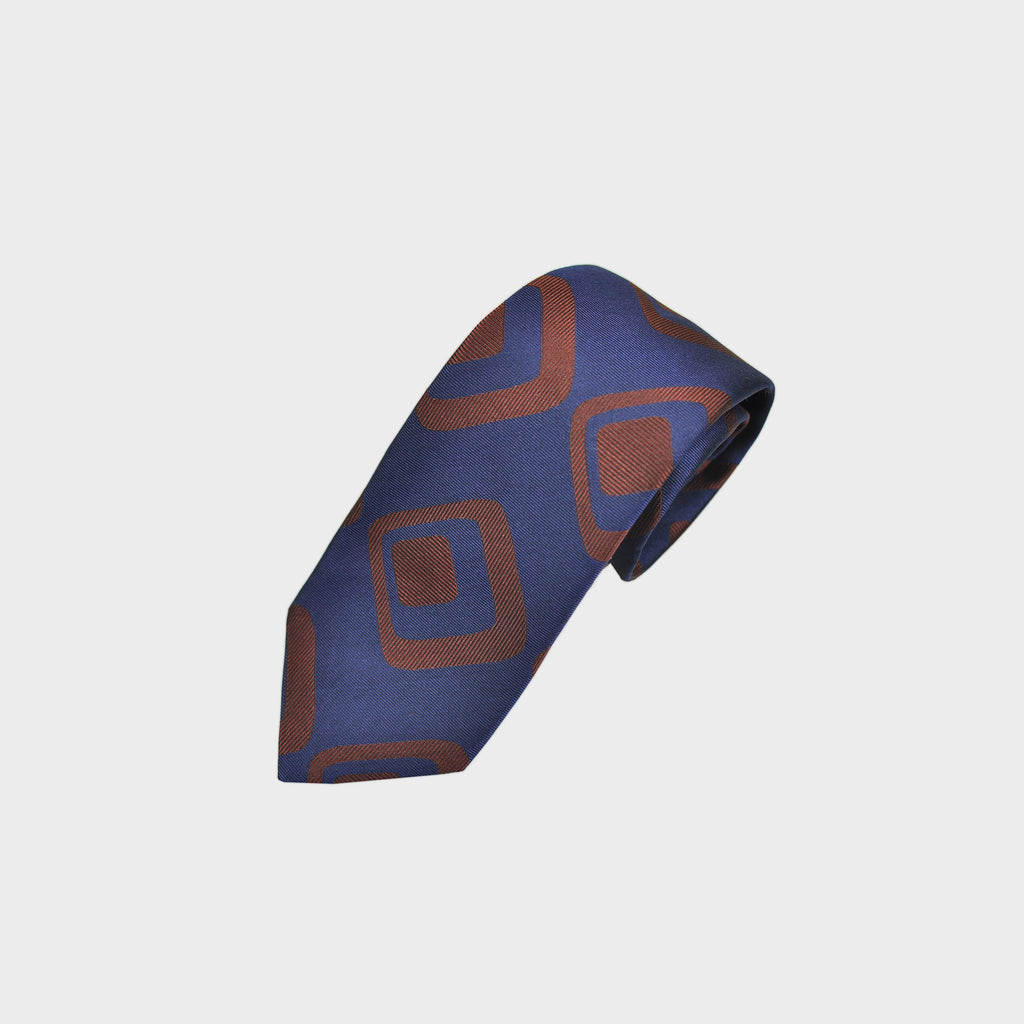 Retro Geometric Squares Woven Silk Tie in Blue & Brown