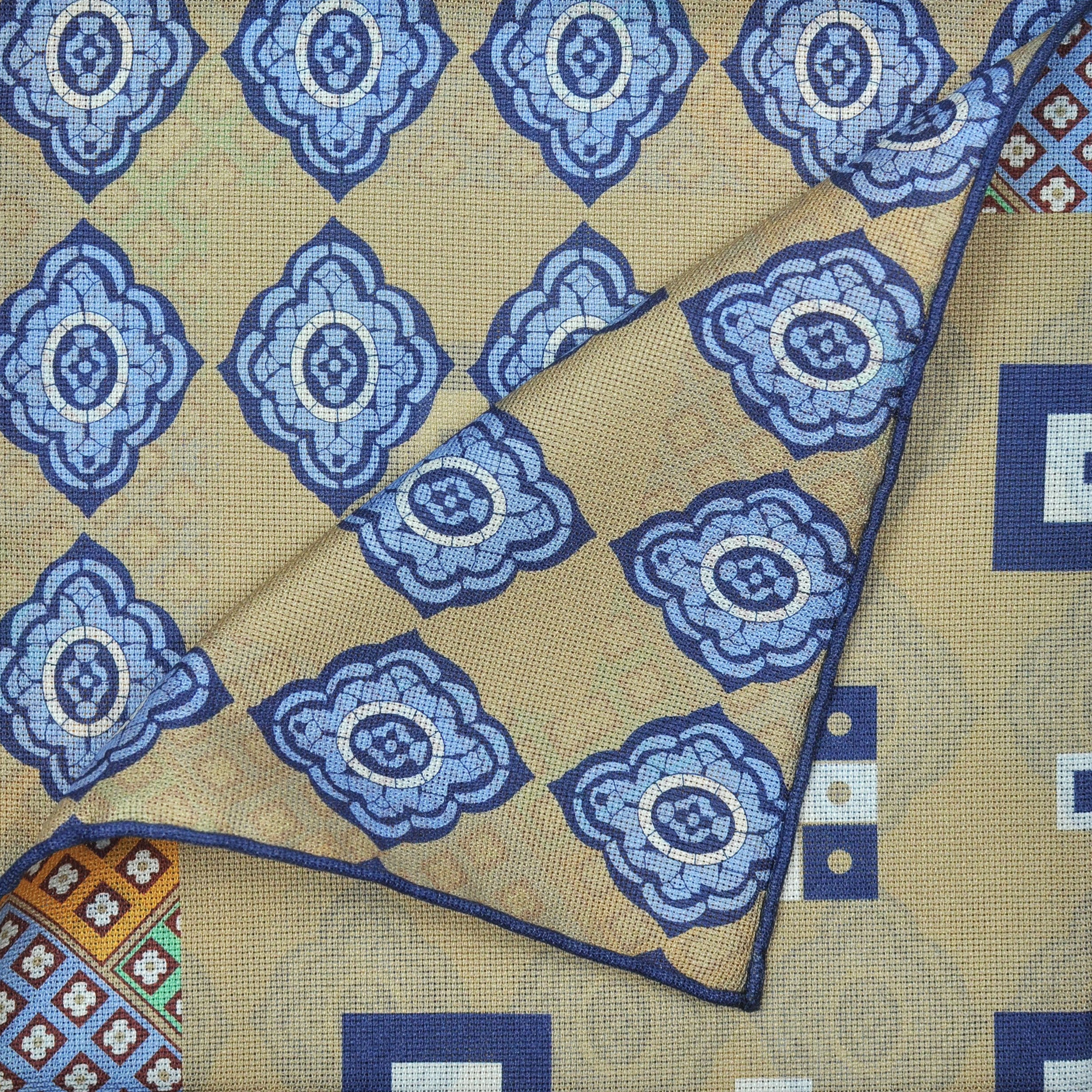 Geo's & Medallions & Florets Reversible Panama Silk Pocket Square in Blue & Beige & Gold