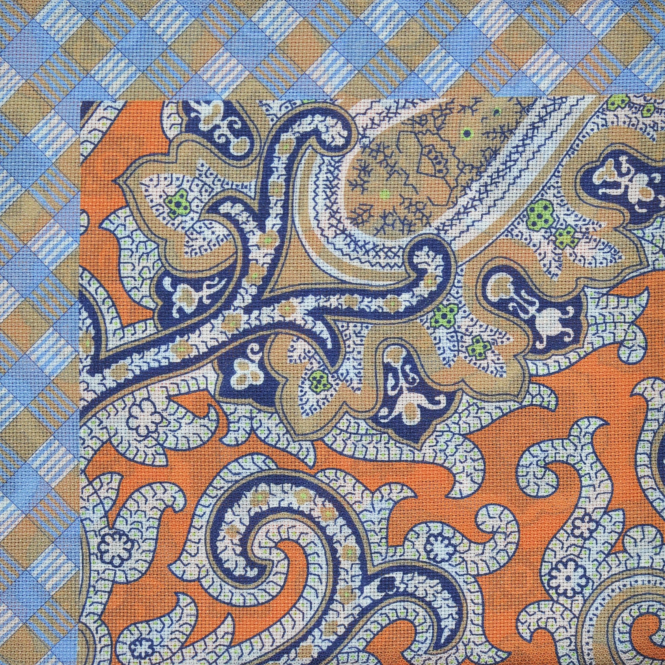 Paisley & Florets Reversible Panama Silk Pocket Square in Blue & Orange & Beige