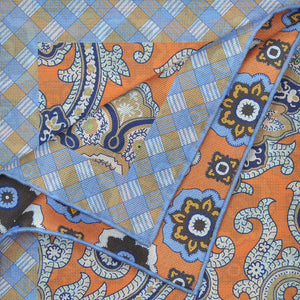 Paisley & Florets Reversible Panama Silk Pocket Square in Blue & Orange & Beige