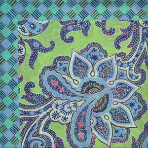 Paisley & Florets Reversible Panama Silk Pocket Square in Lime & Teal & Brown