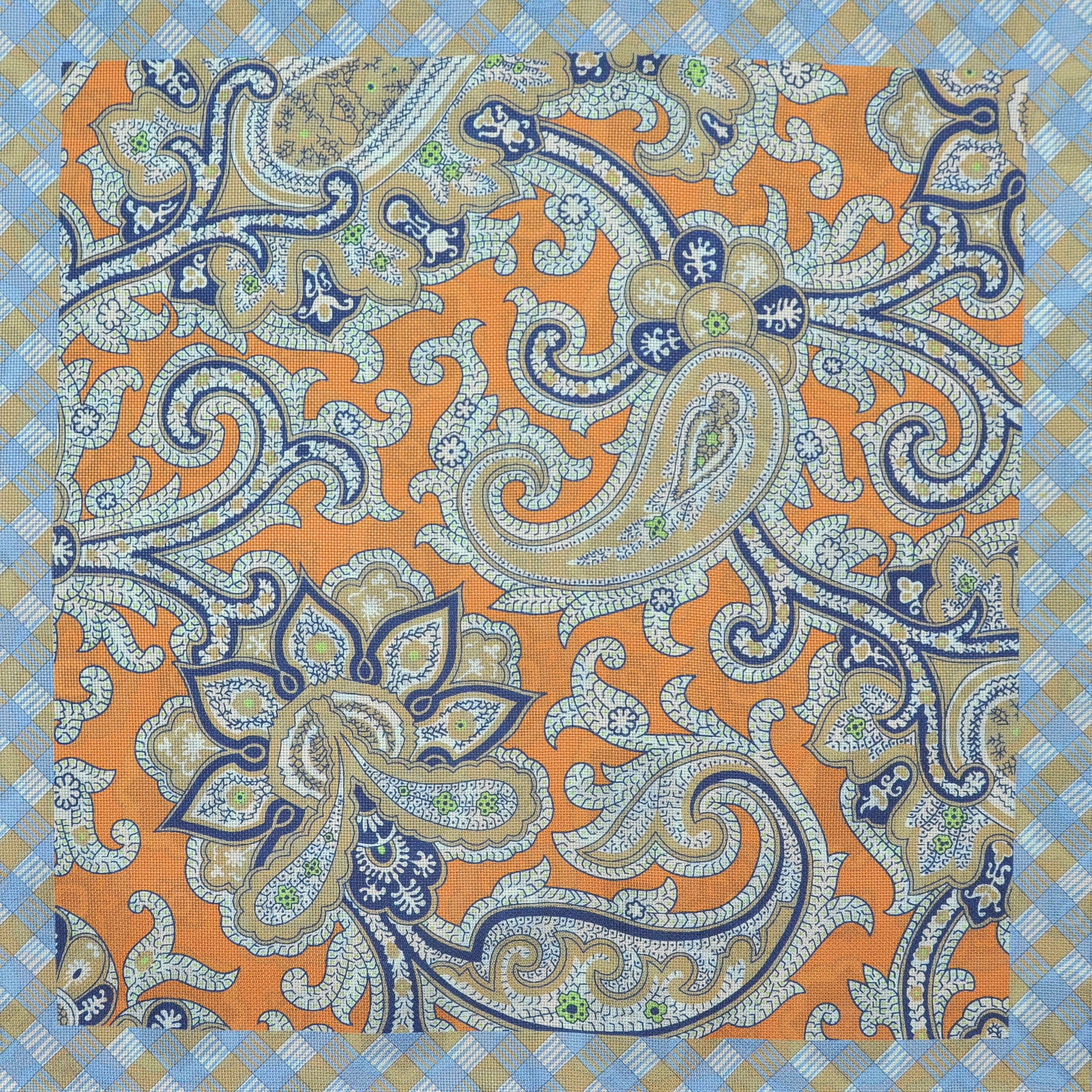 Paisley & Florets Reversible Panama Silk Pocket Square in Blue & Orange & Beige