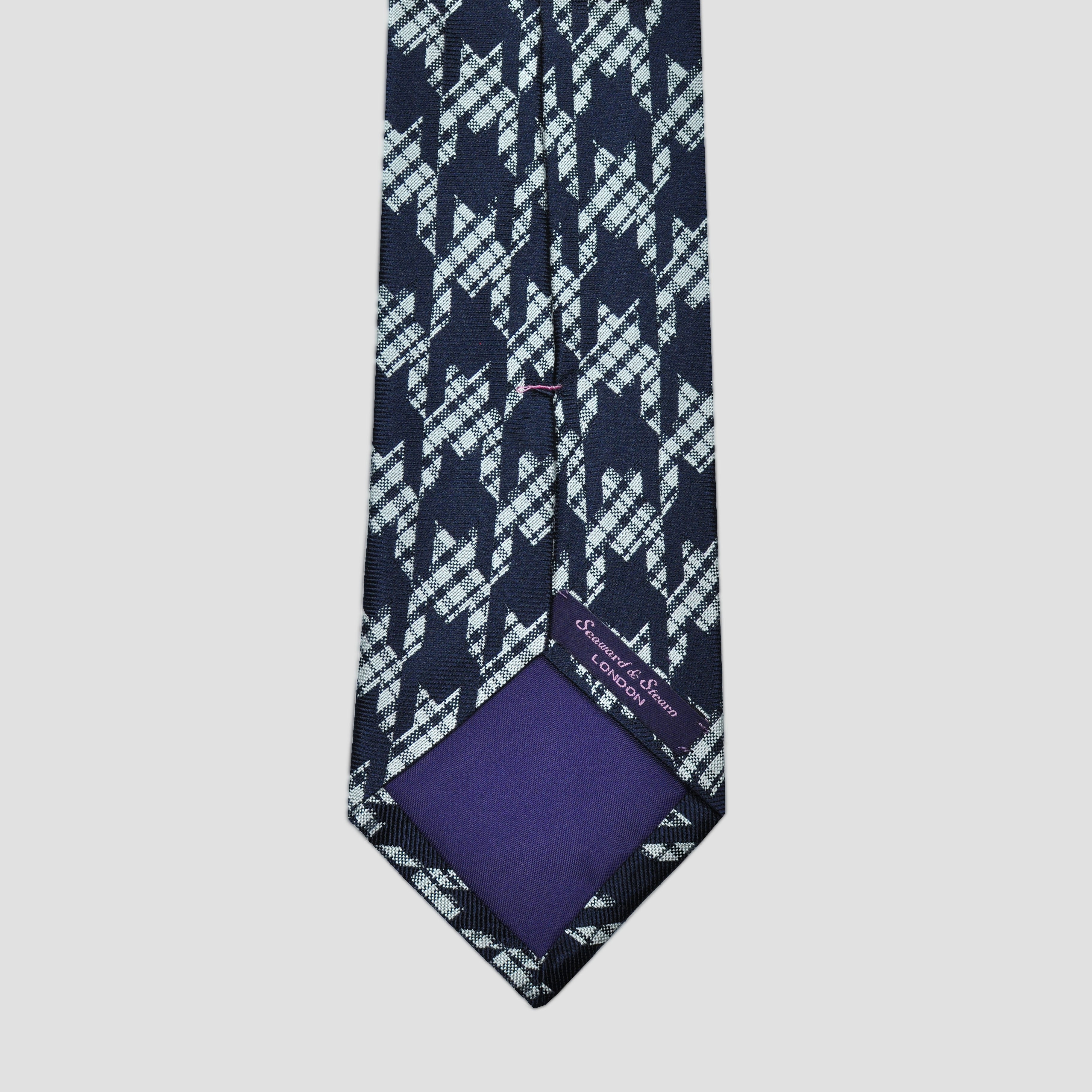 Houndstooth & Check Silk Tie in Navy Blue