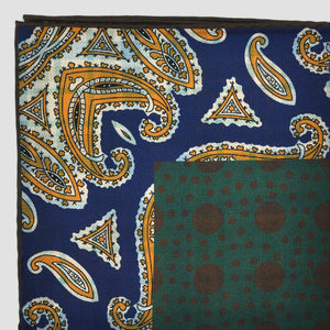 Paisley, Dots & Checks Reversible Panama Silk Pocket Square in Blue, Orange, Green & Yellow