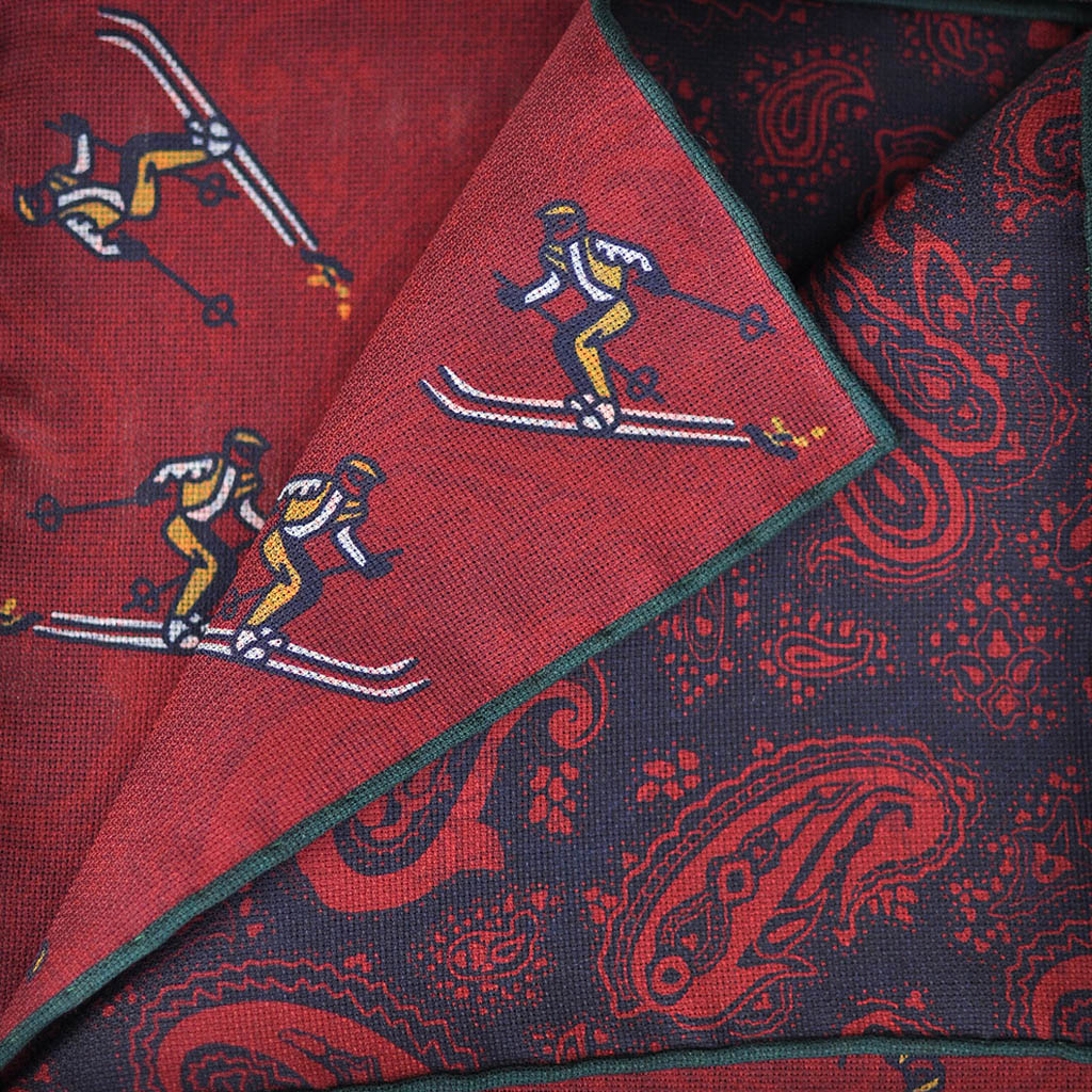 Reversible Skier & Paisley Panama Silk Pocket Square in Red & Navy